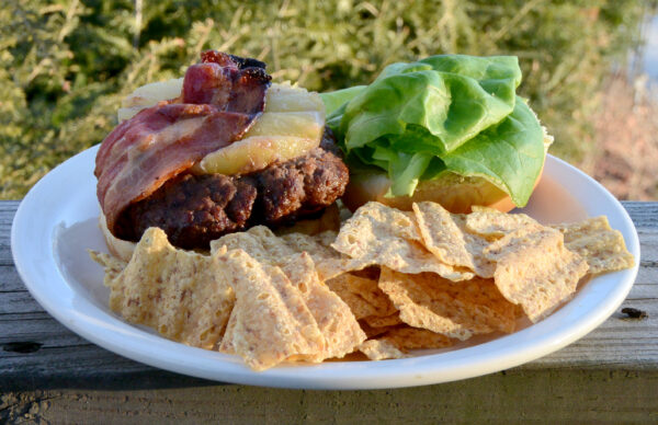 Pineapple Bacon Burger with Lettuce and Chips