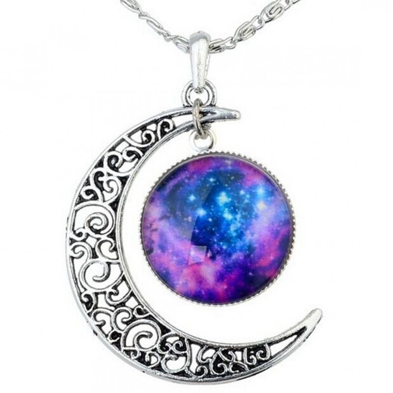 Joyplancraft Galaxy Necklace Hollow Out Crescent with Blue Purple Star Galactic Cosmic Moon Charm Necklace Wedding Necklace