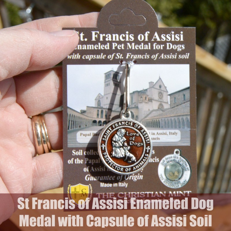 St Francis of Assisi Enameled Dog Medal with Capsule of Assisi Soil