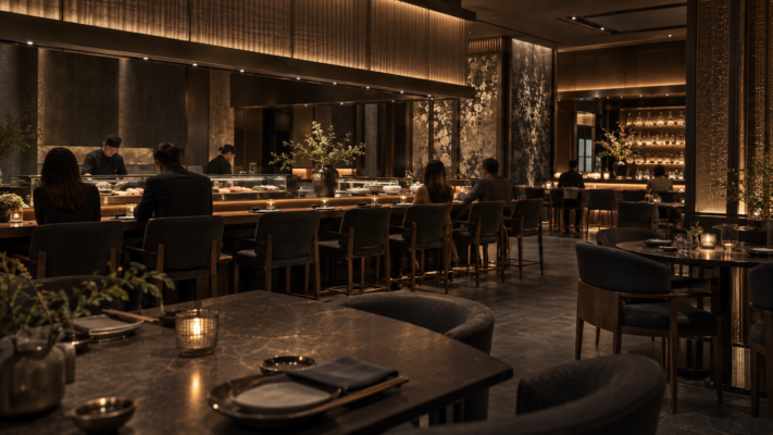 Zumi Modern Sushi dining room and sushi bar in Southlake, TX, designed and built by Restaurant Headquarters